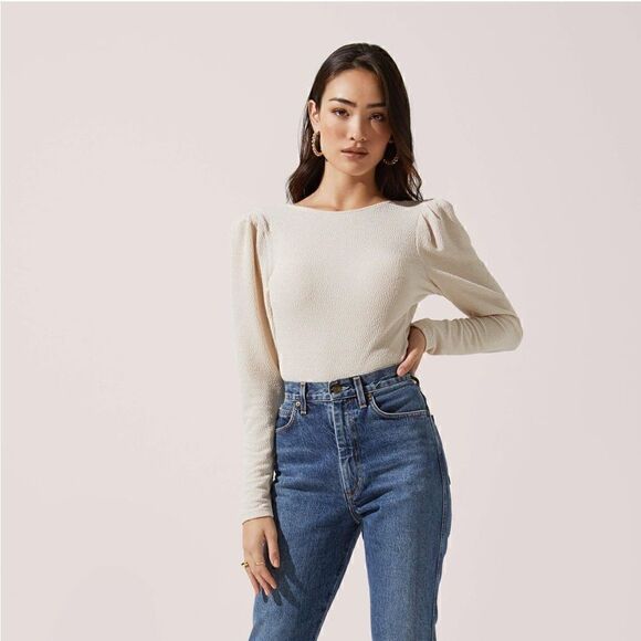 Astr Tops - ASTR Low V Open Back Long Puff Sleeve Cream Bodysuit Size M